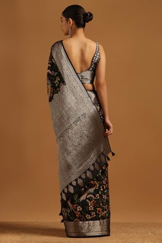 Soch Womens Black Silk Blend Botanical Saree With Zari Woven