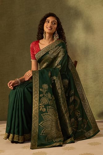 Taneira Dark Green Pure Viscose Woven Saree with Unstitched Blouse Piece (8909182563346 - Dark Green)