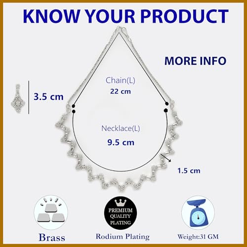 ZENEME Rhodium-Plated American Diamond Studded Trendy Necklace With Earrings Jewellery Set For Girls and Women (White)