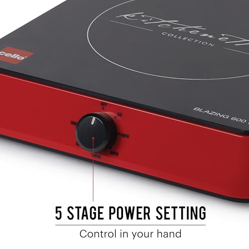 Cello Induction Cooker Blazing 600+ | 1800 Watt Induction Cooktop | 2-in-1 knob design with Grade Crystal Shiny Glass Plate | Compact and Portable | Multi-Purpose Use | Red