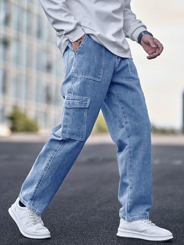 KOTTY Men's Solid Loose Fit Street Style Utility Wear Baggy Cargo Jeans(Blue,32)
