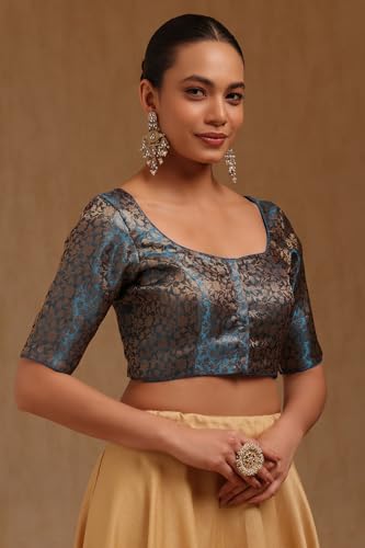 Soch Womens Turquoise Blue Tissue with Zari Woven Padded Blouse