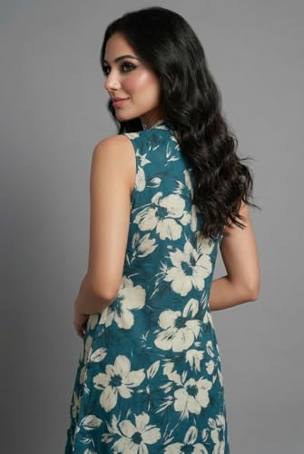 Women's Sleeveless Floral Print Dress, Teal Blue with Cream Flowers, A-Line Style (in, Alpha, XL, Regular)