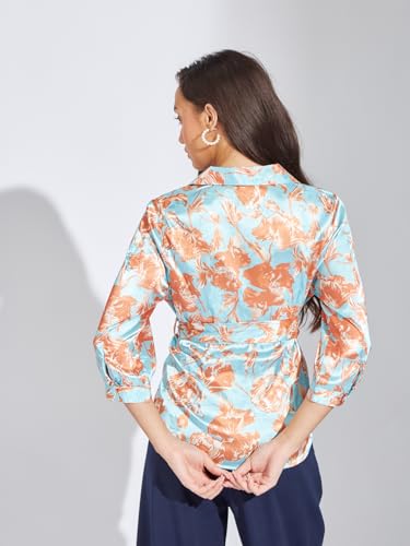 Latin Quarters Women Brown Floral Printed Collar Neck 3/4 Sleeve Top | Polyester Stretch Shirt with Side Tie & Button Closure