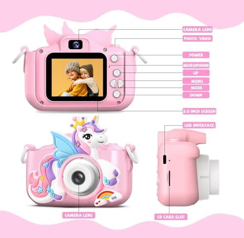 CAMKORY Kids Camera Digital Camera for Age 3-8,1080P HD Video Selfie Toddler Camera with Soft Cover, Christmas Birthday Gifts for Kids - 32GB SD Card - Pink, Light Pink