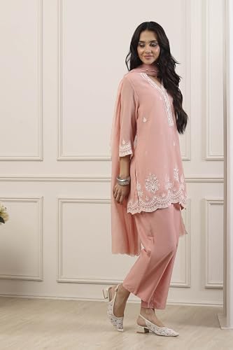 BIBA Women Peach Silk Chanderi Straight Suit Set_42