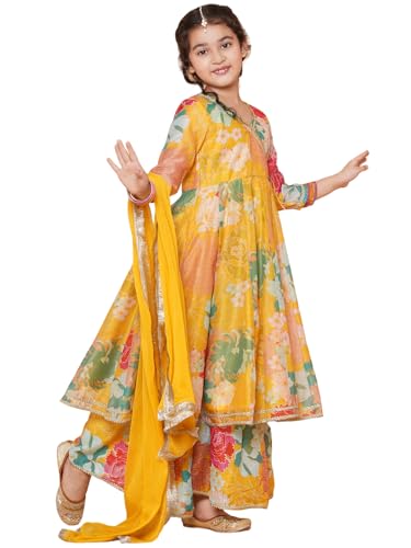 Bitiya By Bhama Girls Yellow Multi Floral Printed Angrakha Gotta Patti Kurta & Sharara set With Dupatta(TKS136)