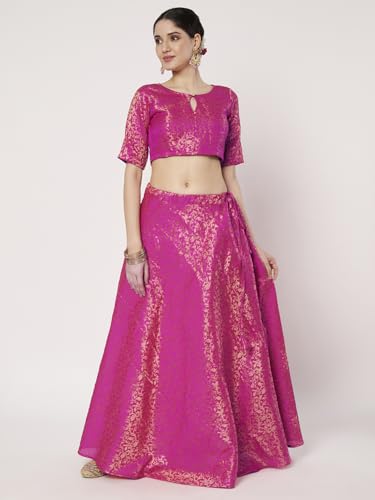 studio rasa Women's Brocade Floral Bias Skirt for Wedding Festive Party (SKTC72519L_Pink_Large)