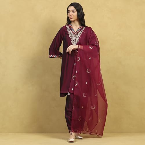 Rangriti Women Wine Polyester Blend Embroidered A-Line Kurta Set_32