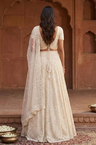 Aurelia Women's Beige Sequins Crop Top with Skirt and Dupatta Set - (AD10734-E608792-L)