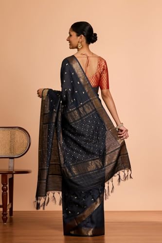 Taneira Women Black Bengal Pure Silk Aari Embroidered Saree with Unstitched Blouse Piece (SAIH01AC2215-Black)