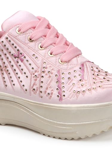 LENSBURY Women's Shoes for Wedding Party Walking, Casual, Lightweight Bridal Lehnga Sneaker for Ladies and Girls LBCNV4025PNK-41 Pink