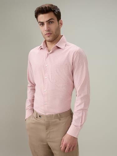 Raymond Men Slim Fit Checks Pattern Bamboo Polyester Blend Semi Cutaway Collar Full Sleeve Formal Shirt Orange