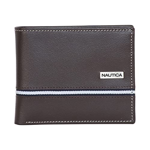 Nautica Men's Leather Logo Plate Brown Bifold Wallet, One Size