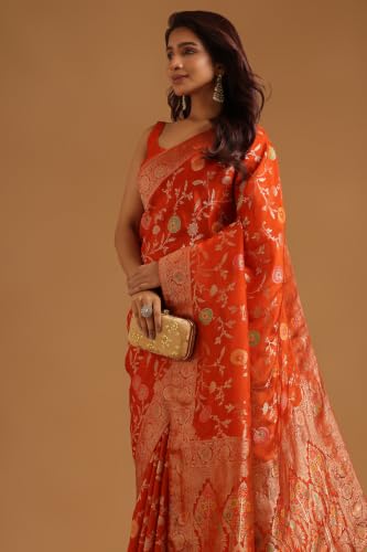 Soch Womens Orange Crepe Botanical Zari Woven Saree