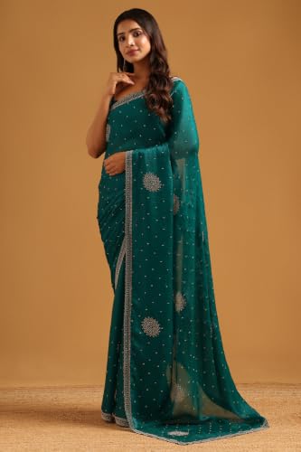 Soch Womens Teal Fendy Organza Stonework Embellished Saree