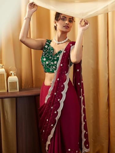 SIRIL Women's Silk Blend Embroidery & Stone Work Saree With Unstitched Blouse Piece (4021S591AA_Maroon)