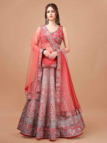 SAPTRANGI Women's Printed Ready to Wear Lehenga & Blouse with Dupatta (Pink & Grey, XS)