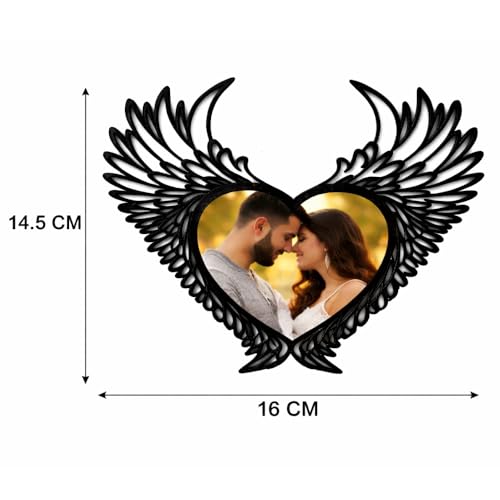 MP Personalized Heart Shape Photo Frame with Angel Wings, Black, Wall Decor, Wedding Couple Gift