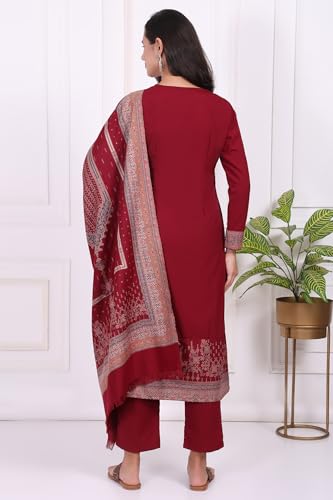 W for Woman Maroon Ethnic Motifs Printed Straight Kurta, Straight Pants and Dupatta Set - (WS13383-314582-XXL)