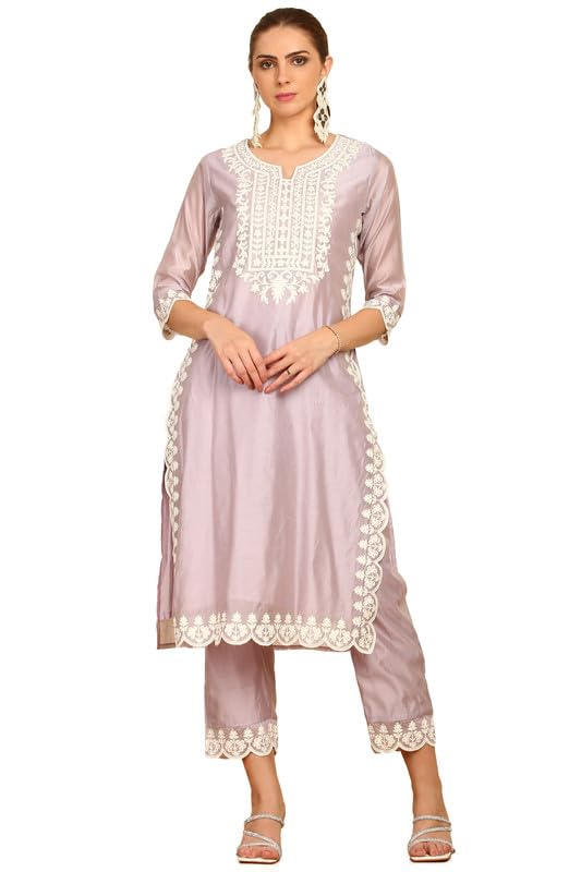 Soch Womens Purple Floral Embroidery Chanderi Suit Set