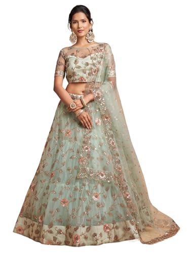 Zeel Clothing Women's Soft Net Embroidered Semi-Stitched Wedding Lehenga Choli with Dupatta (7314-SkyBlue-Wedding-Bridal-Lehenga-Choli; Free Size)