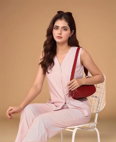 Fashfun Women's Solid Waist-Coat Co-ord Set Pink