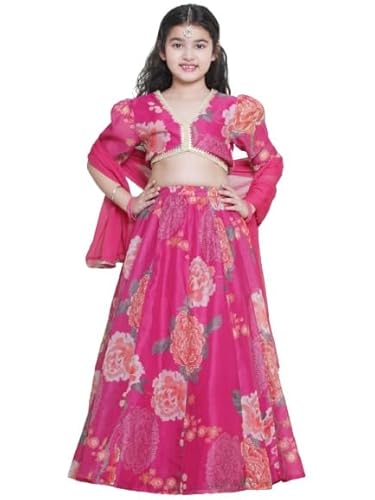 Bitiya by Bhama Girls Pink & Green Multi Printededed Ready to wear Lehenga & Choli with Dupatta