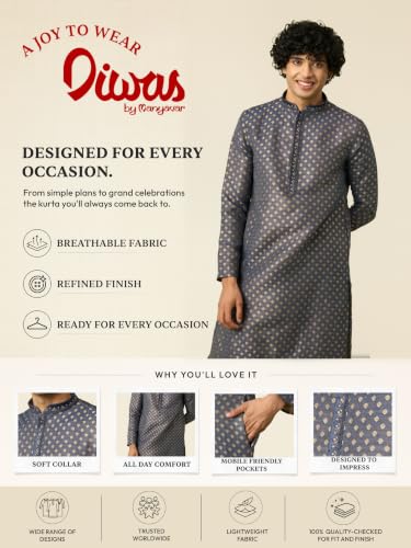 DIWAS BY MANYAVAR Men's Art Silk Printed Festive Kurta Set (2pc) (Blue, XXL)