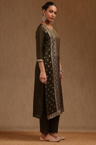 Soch Womens Green Russian Silk Zari Woven Kurta Set With Zari Woven