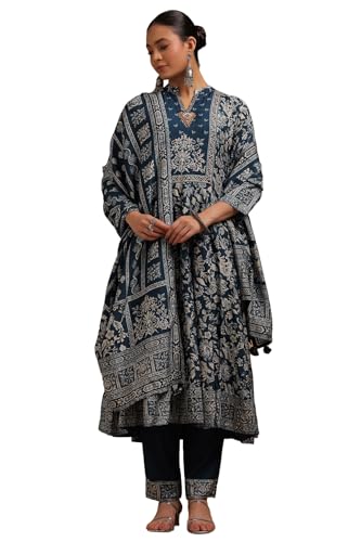 Soch Womens Indigo Dola Silk Floral Print Suit Set With Beads