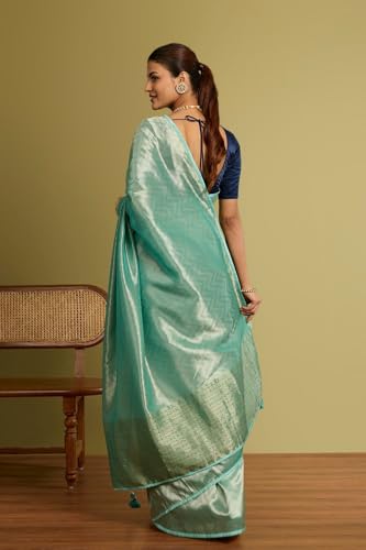 Taneira Women Light Blue Woven Viscose Tissue Saree with Unstitched Blouse Piece (SAPP03AC2548-Light Blue)