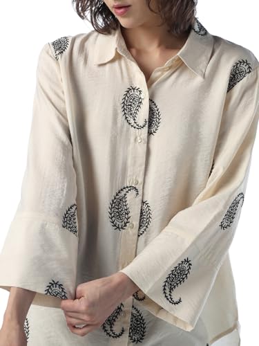 ONLY Women Self Design Oversized Beige Shirt