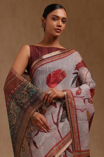 Soch Womens Grey Linen Botanical Print Saree