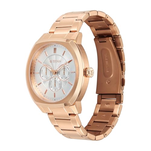 Titan Regalia Arc Analog with Day Date Second Subdial and Silver Dial Rose Gold Stainless Steel Strap Watch for Men - 90213WM01