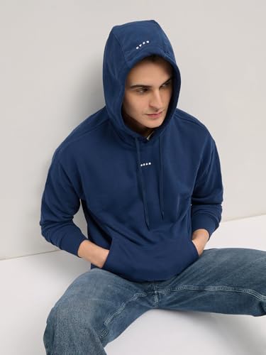 THE BEAR HOUSE Men's Navy Blue Solid Relax Fit Hoodie