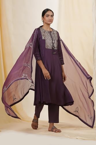 W for Woman Folksong Purple Festive Solid Silk Dupatta