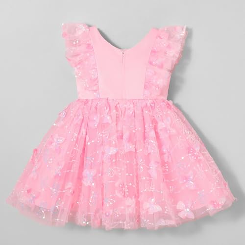 Hopscotch Girls Pink Short Sleeves Bow Applique Sequined Dress for Age (3-4 Years)