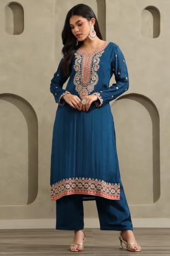 Soch Womens Blue Chinon Ethnic Motifs Zari Embroidered Salwar Suit