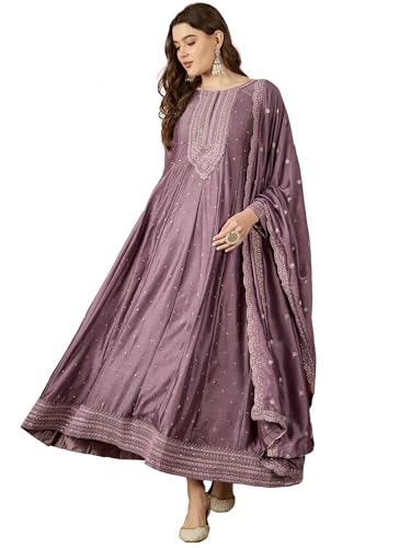 Shampysky Women's Purple Chinon Stitched Top With Chinon Dupatta Full Sleeve Embroidered Anarkali Gown (SSY-1193-Purple-XL)