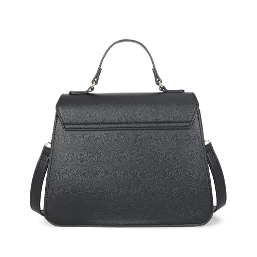 Fastrack Black EdgePlay Satchel | Faux-Leather Women's Handbags | Structured Satchel with Flap + Zipper Closure, Detachable Strap & Top Handle | Gold Hardware | Everyday Carry