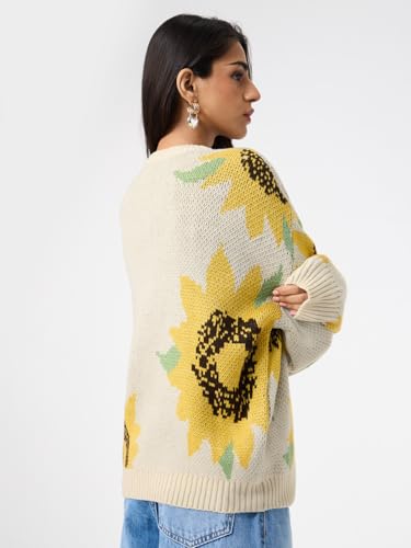 The Souled Store Sunflower Women and Girls Full Sleeves Round Neck Light Yellow Floral Printed Acrylic Drop Shoulder Streetwear Trendy Casual Cozy Winter Oversized Pullover Sweater