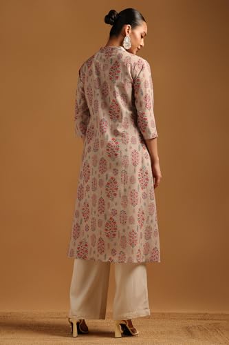 Soch Womens Beige Cotton Linen Ethnic Motifs Kurta