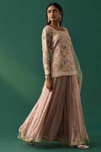 Wishful Women's Pink Floral Embroidered Straight Kurta with Sharara and Dupatta Set - (SP11501-401092-M)