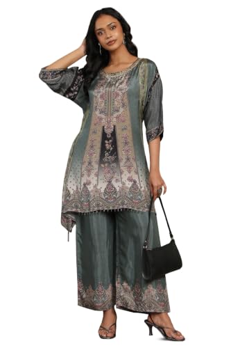 Soch Womens Teal Muslin Ethnic Motifs Printed Co-Ord Set With Beads