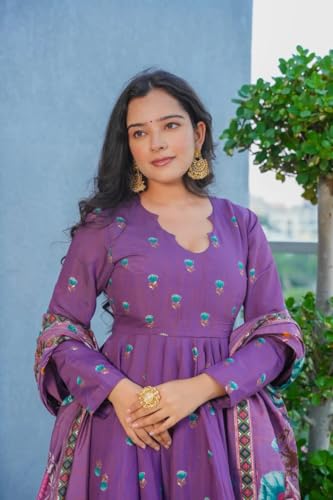 VARNI FABRICS: A lady's First Love Women's Floral Printed Anarkali Muslin Kurta Set With Dupatta, Full Sleeve, Ethnic Wear for Women (IN, Alpha, M, Regular, Purple)