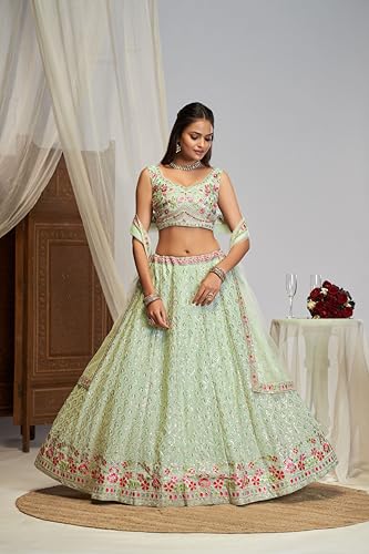 JIHU CULUTURE Pista green thread embroidery georgette Semi-Stitched lehenga choli with dupatta For Women