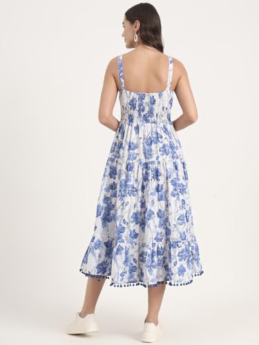 Divena Blue Printed Cotton Shoulder Strap Pompom Dress