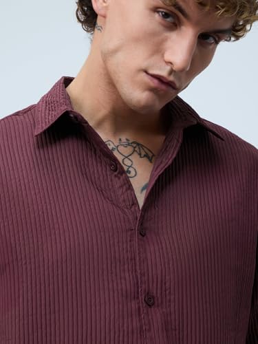 The Souled Store Textured Shirt: Sangria Men and Boys Short Sleeves Collared Neck Button Front Polyester Purple Solid Oversized Shirt