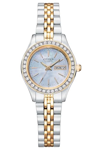 Citizen Womens Ladies' Dress Quartz Stainless Steel Blue Dial Analogue Bracelet With Crystals And Day Date, Two-Tone Band